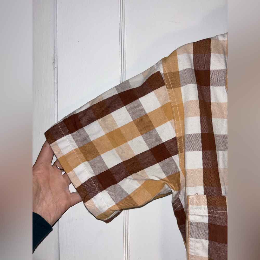 Big Bud Press Gingham Short Sleeve Jumper Brown Tan White Size Medium USA - Picture 4 of 10
